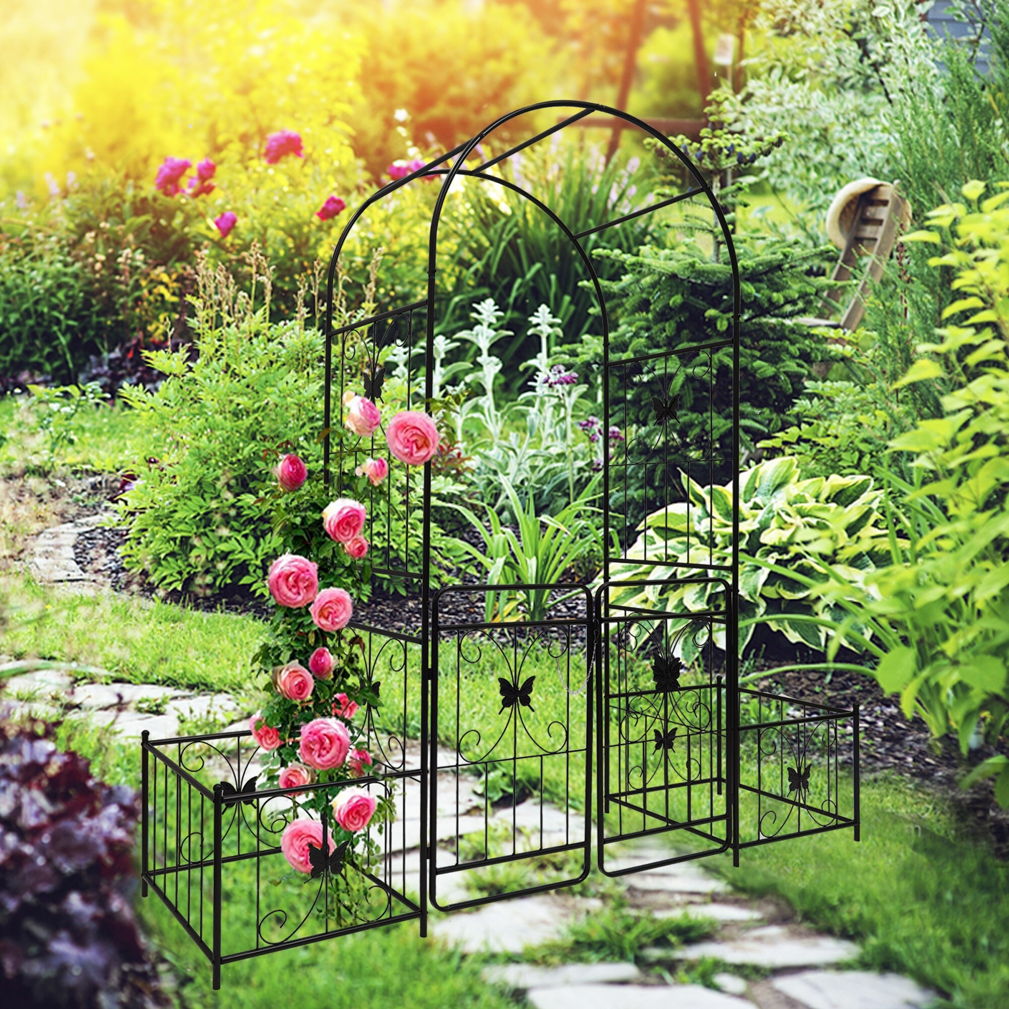 Metal Garden Arch with Gate79.5''x86.6'' Climbing Plants Support
