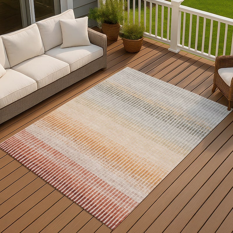 Machine Washable Indoor/ Outdoor Contemporary Stripes Chantille Rug - Terracotta - 10' x 14'