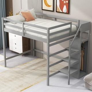Grey Modern Wooden Full Size Loft Bed with Built-in Storage Wardrobe ...