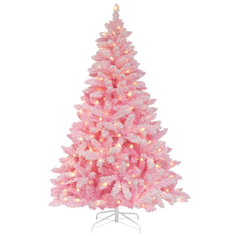 VEIKOUS 6.5FT/7.5FT Pre-lit Christmas Tree Snow Flocked/Artificial with Lights and Metal Stand