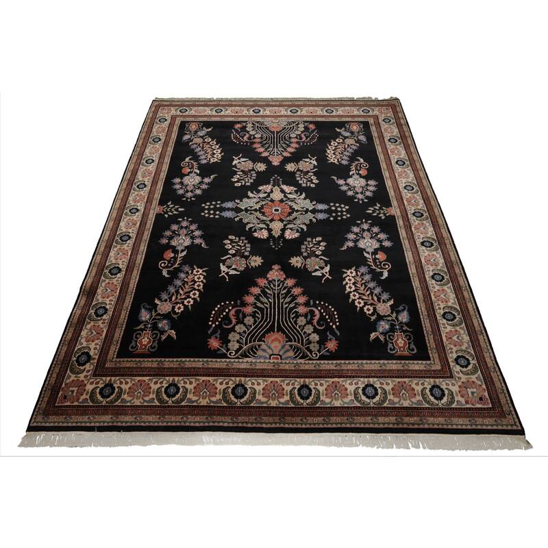 9x12 Hand Knotted New Zewland Wool Black Sarouk Plush Pile Area Rug - 9' x 12'