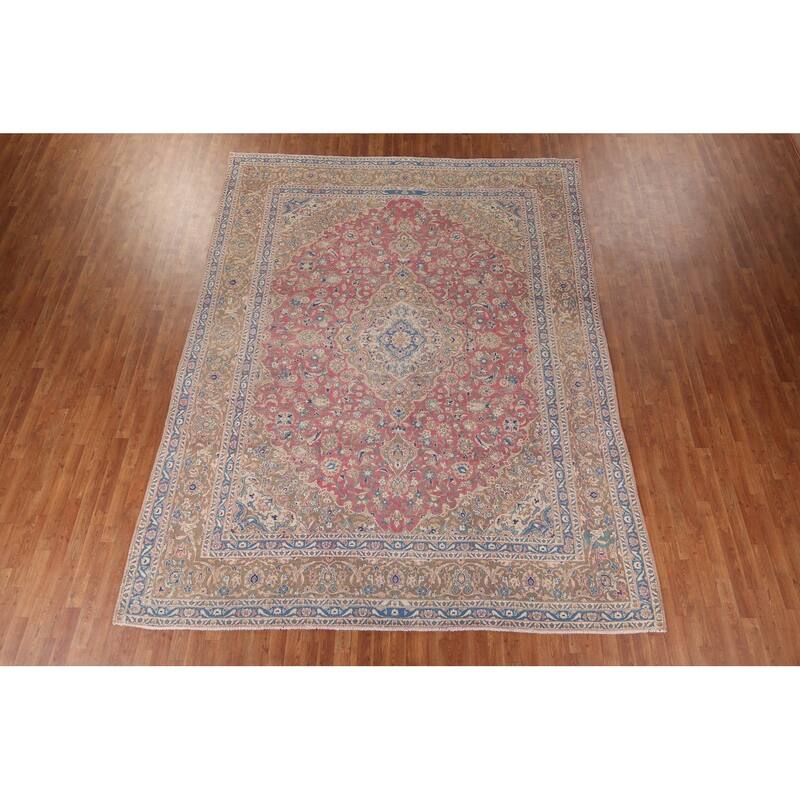 Traditional Pink Mashad Persian Vintage Rug Hand-Knotted Wool Carpet - 9'4" x 12'5"