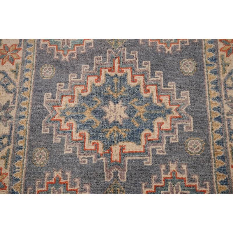 Gray Geometric Kazak Accent Rug Hand-Knotted Foyer Wool Carpet - 2'8" x 4'1"