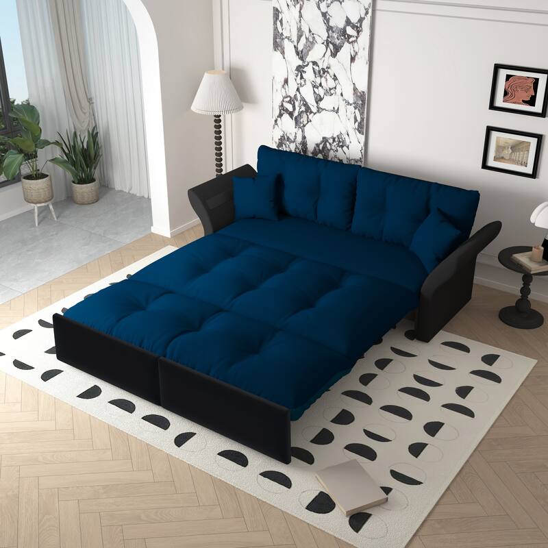 74.8" Queen Sleeper Sofa - 3-in-1 Tufted Velvet Loveseat with Pull-Out Bed & 2 Pillows, Multi-Functional - Blue