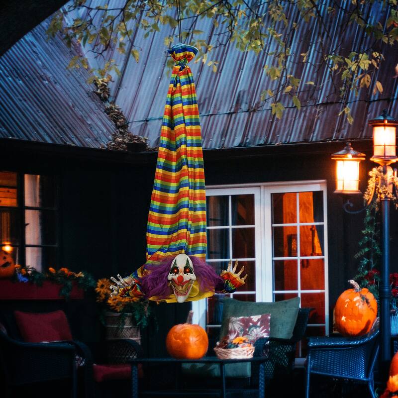 3.8' Outdoor Halloween Decoration Animatronic Hanging Clown Corpse Sound Motion Activated Light Up Eyes Circus Music