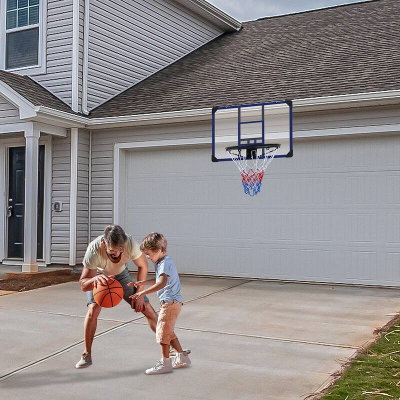 Roomfitters Wall-Mounted Basketball Hoop, 35x24 Inch Shatterproof Backboard, Folding Hoop with All-Weather Mesh, Black+Blue