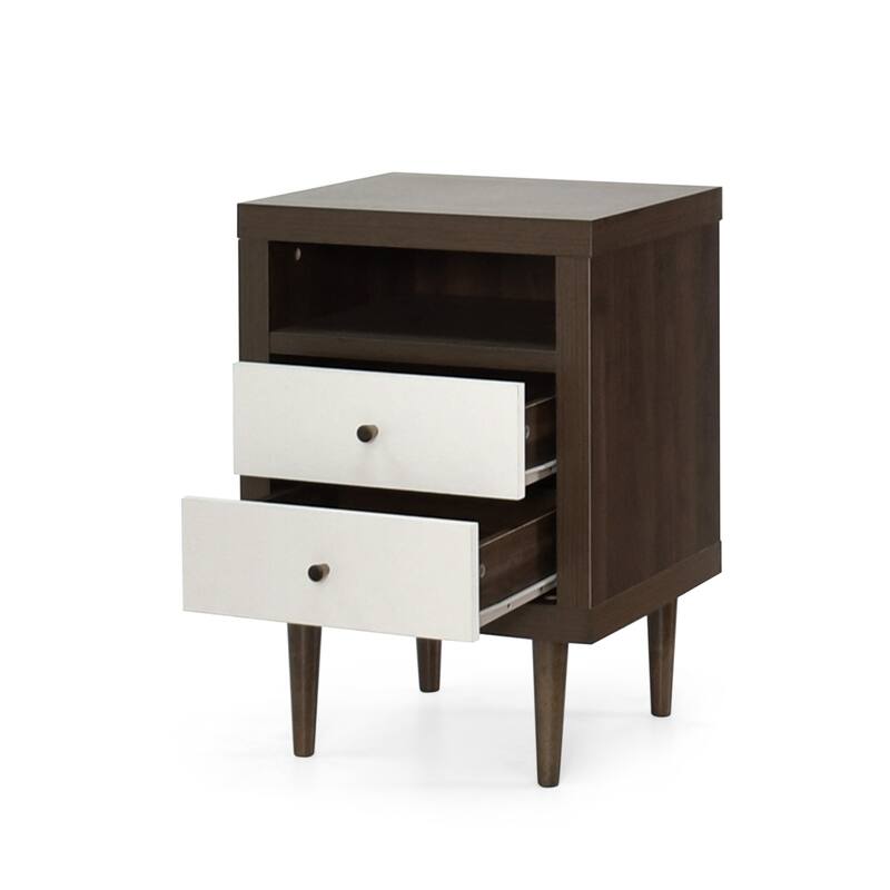 2-Drawer Nightstand with Mid-Century Design, Faux Wood Frame, and Rubberwood Legs, Storage Shelf