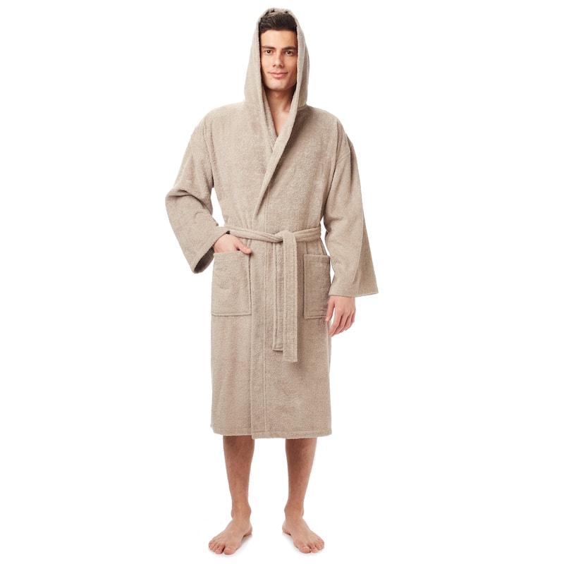 Men's Turkish Cotton Hooded Bathrobe - S/M - Stone