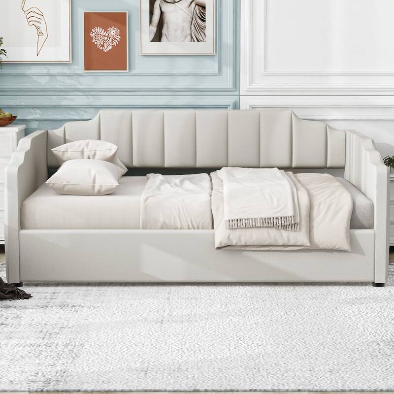 Full Size Upholstered Daybed with Underneath Storage in Beige