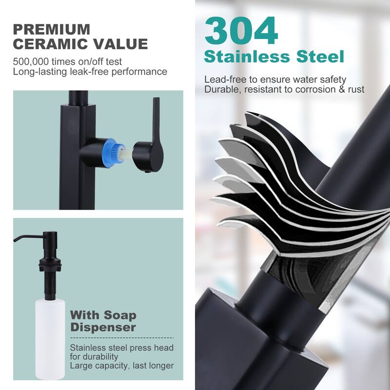 WOWOW 3-Mode Pull Down Sprayer Kitchen Faucet with Soap Dispenser