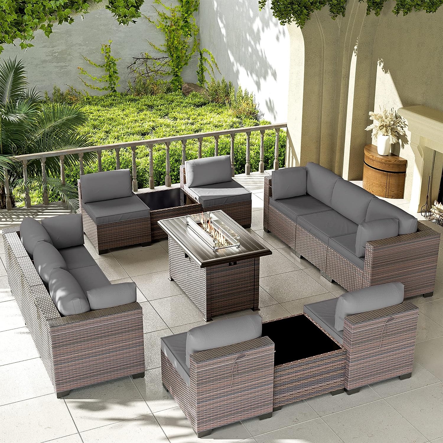 Kullavik 13 Pieces Outdoor Patio Furniture Set with Fire Pit Table