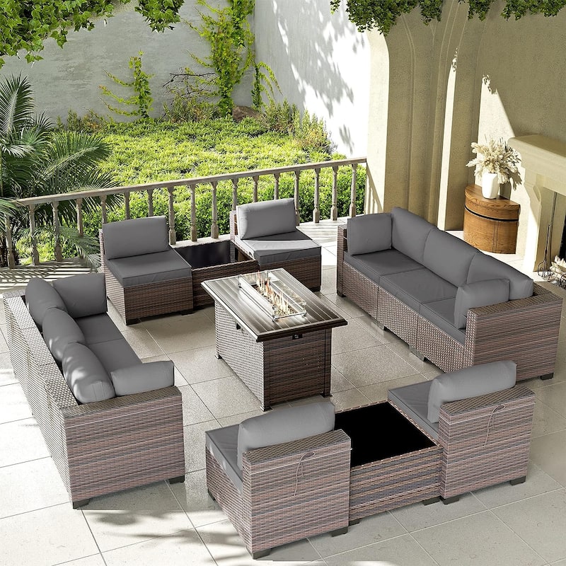 Kullavik 13 Pieces Outdoor Patio Furniture Set with Fire Pit Table - Size A - Grey