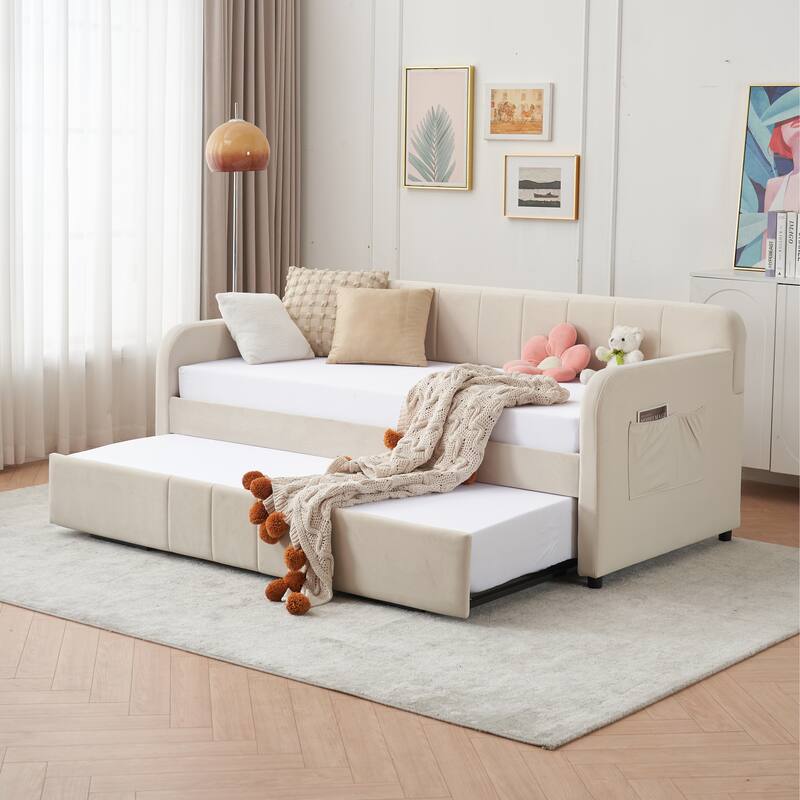 Twin Size Velvet Upholstered Daybed, Wood Sofa Bed Frame Daybed Couch with Trundle Bed and Wood Slat