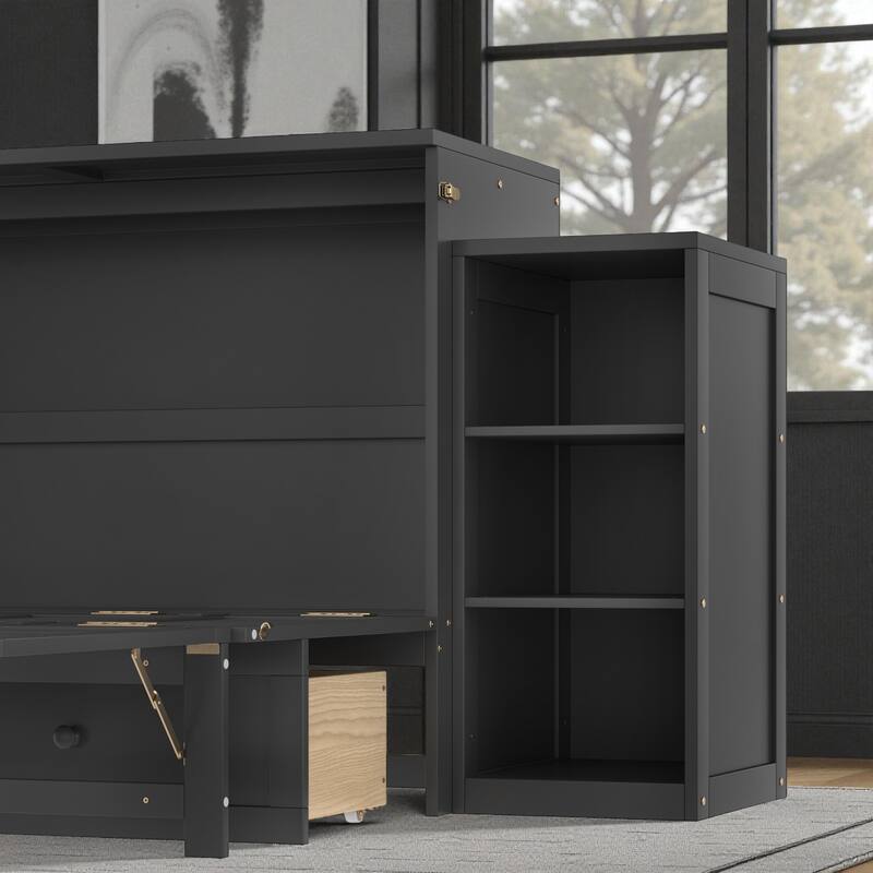 Full/Queen Size Murphy Bed with Storage Drawers and Shelves, Space-Saving Foldable Wall Bed for Guest Room