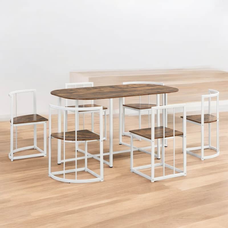 Modern 7-Piece Dining Set with Faux Marble 55" Compact Table and 6 Triangular Chairs for Small Spaces and Dining Room