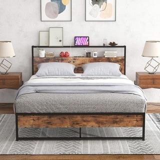 Gymax Queen Size Industrial Platform Bed Frame with Charging Station ...
