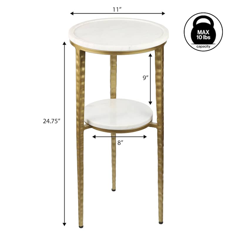 Seraphina 24.75″ 2‑Tier Metal Frame Drink & End Table w/ White Marble Round Top, By JONATHAN Y