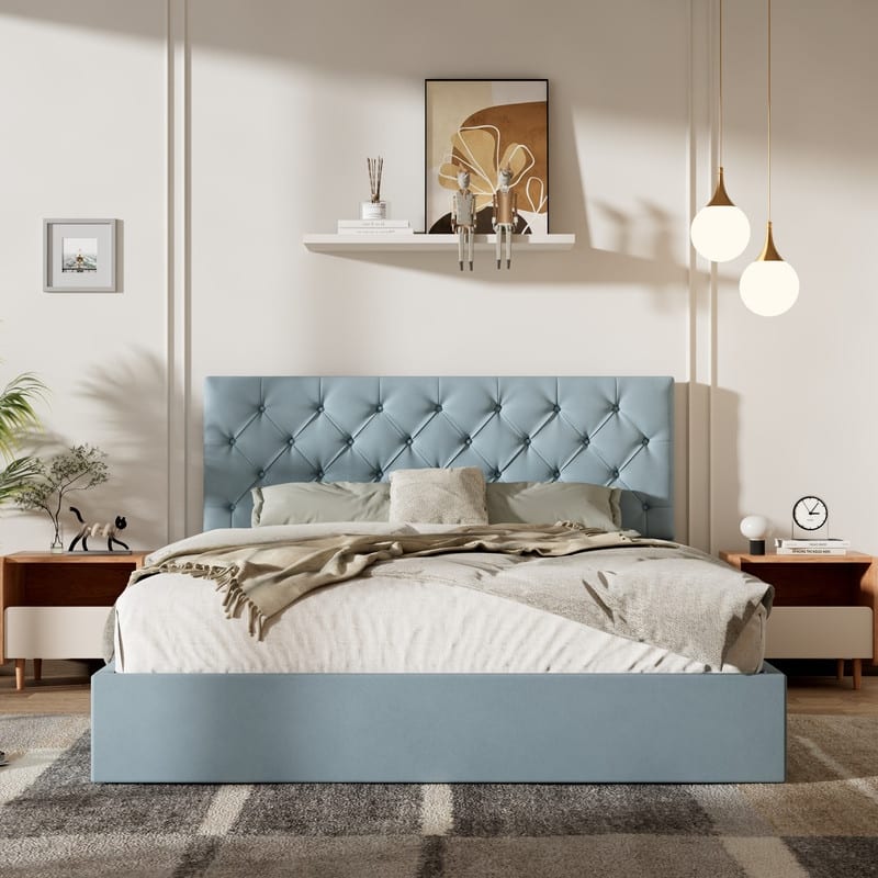 Plywood Frame Upholstered Platform Bed with Lift-up Storage Supported by Metal and Wooden Slats - Blue - Full