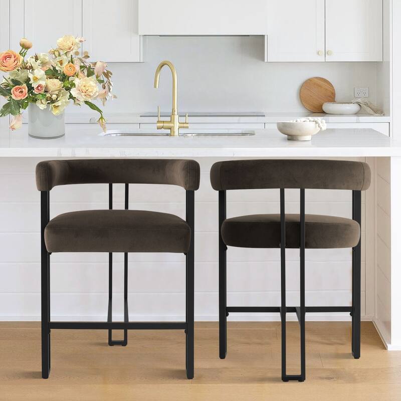 24" Seat Height Upholstered Velvet Solid back Counter Stool (Set os 2) - Mink