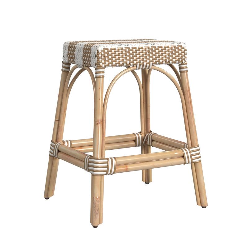 Robias 24.5" Rattan Rectangular Counter Stool - Tan/White Stripe/ Natural Rattan Frame
