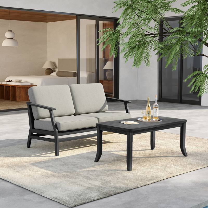 Outdoor Loveseat Sofa with Coffee Table Teak Wood Patio Furniture