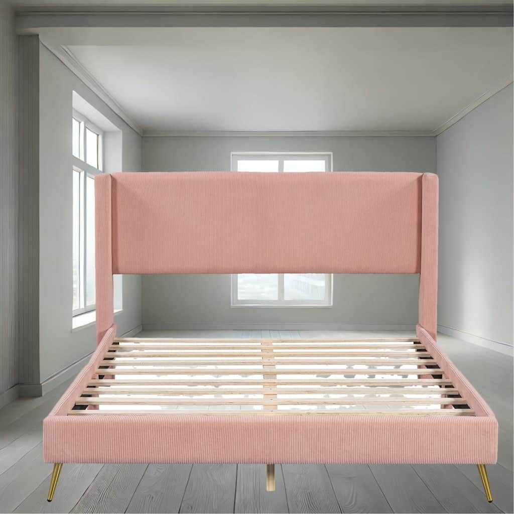 Queen Corduroy Upholstered Platform Bed with Tufted Headboard, Metal Legs and Slats - No Box Spring Needed
