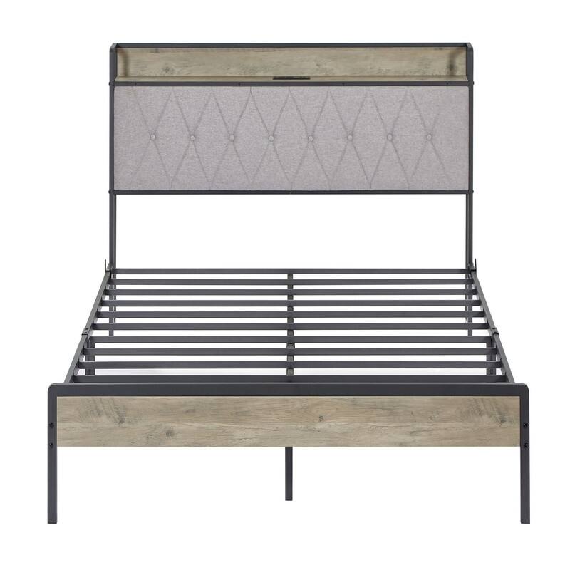 Mieres Queen Size Bed Frame, Platform Bed with Storage Headboard and Charging Station, Non-Slip Without Noise - L-Grey
