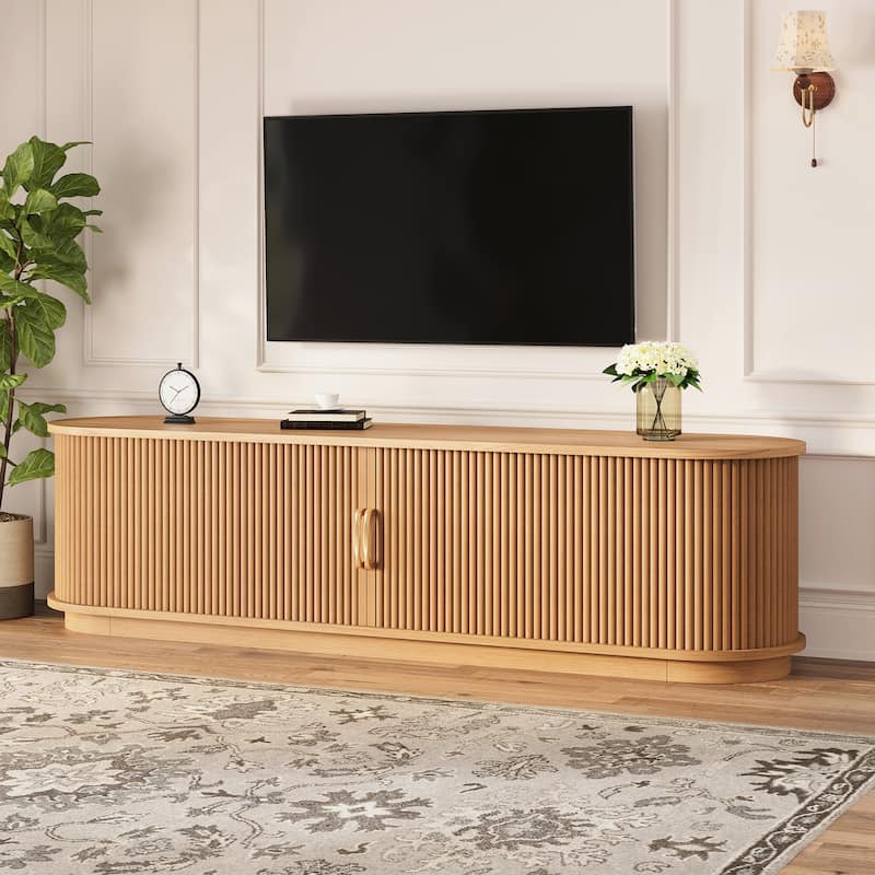 Vintage TV Stand with Sliding Wood Slatted Doors for TVs up to 75", with Drawer, Wood Grain Media Console with Cable Management