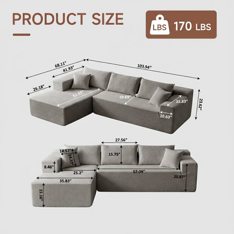103.54" L-Shaped Modern High-Density Sponge Velvet Modular Sectional Sofa with Chaise & Pillows
