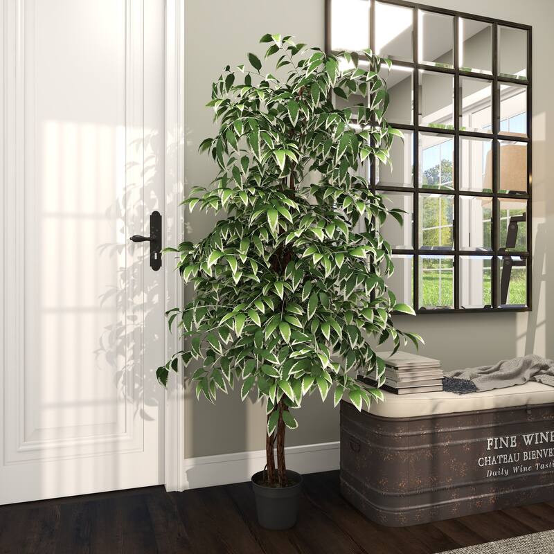Green Faux Foliage Ficus Artificial Tree with Realistic Leaves and Black Plastic Pot