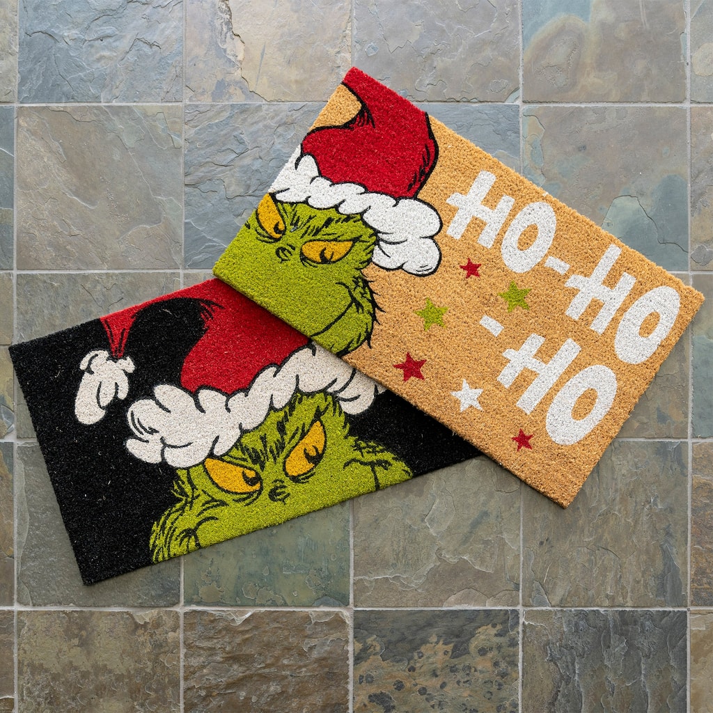 Licensed Dr Seuss Grinch Coir 'Ho Ho Ho' and Grinch Smile Graphic Door Mats, 2PK - 1'6" x 2'8"