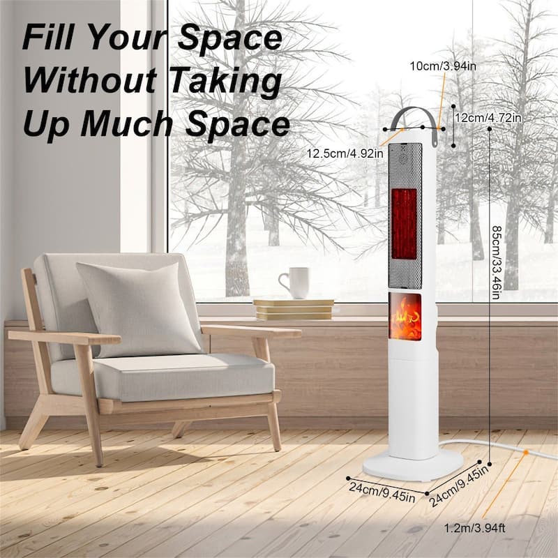 3D Flame Ceramic Tower Heater, 1500W Oscillating Space Heater with Remote