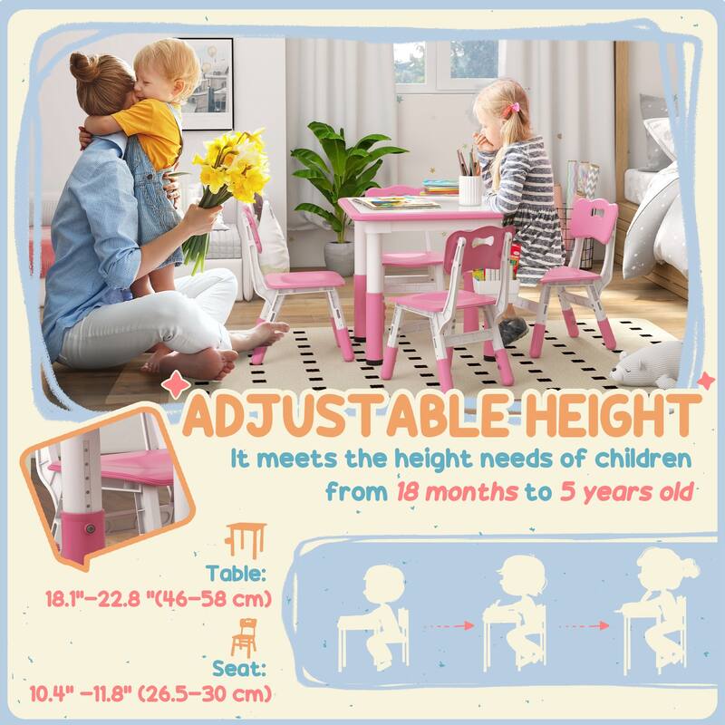 Kids Adjustable Table and 4 Chair Set with Storage Box Pink Activity Play Furniture for Toddlers and Preschoolers