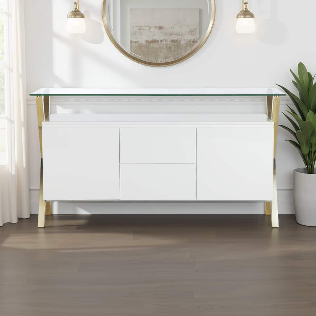 Rix Sideboard Buffet Console, 2 Door, X Chrome Legs, White 69 Inch