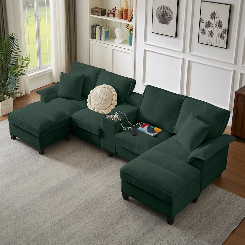 121.2" Modular Corduroy Sectional Sofa with Storage Console and Chaise Footrests - Green