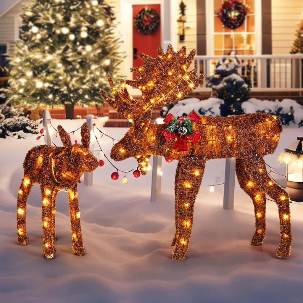 Costway 2 PCS Lighted Moose Family Light-up Xmas Deer Decorations with - See Details