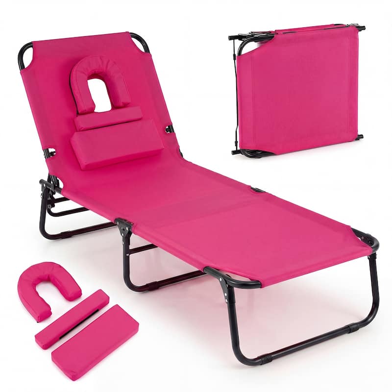 Gymax 2PCS Folding Beach Sun Lounger w/Face Hole Removable Pillows