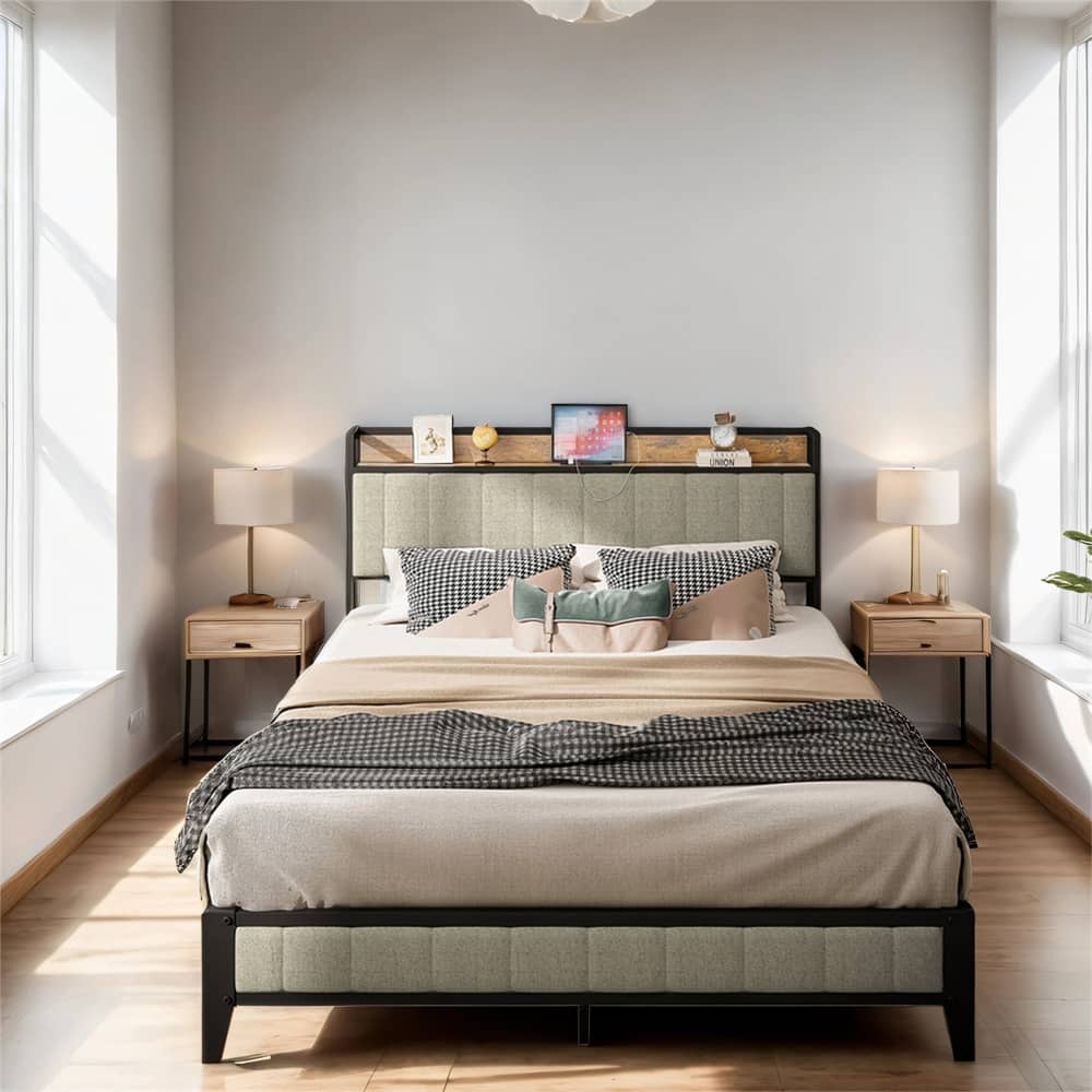 Full Size Metal Platform with Charging Station and Headboard
