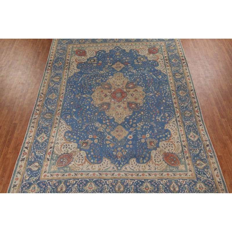 Tabriz Vintage Persian Area Rug Hand-Knotted Blue Wool Carpet - 9'10" x 13'5"