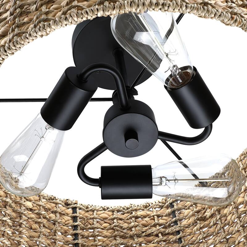 3-Light Rattan Drum Semi-Flush Mount Ceiling Light - 16'' W