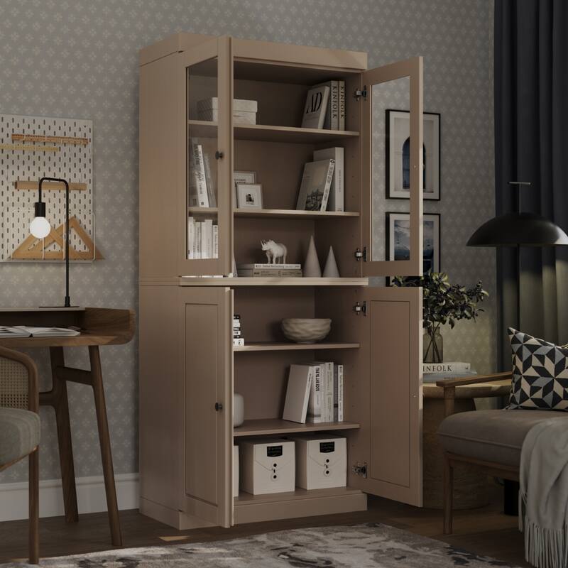 Palace Imports Solid Wood 6-Shelf Bookcase, Raised Panel Clear Glass Doors, Adjustable Shelves