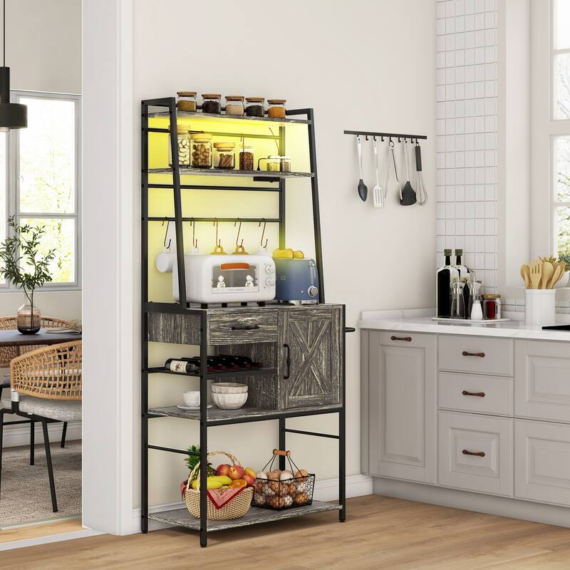 Baker's Rack with Power Outlet and LED Lights, Coffee Bar with Storage Shelves, Industrial Microwave Stand