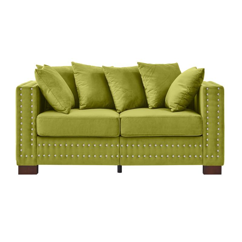 Velvet Loveseat Sofa Deep Seat Storage Couch with Pillows and Square Armrests with Silver Nails Decoration for Living Room