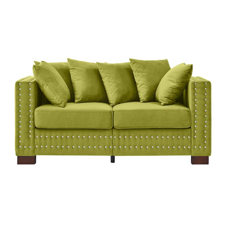 Velvet Loveseat Sofa with Storage, Comfy Upholstered Deep Seat Sofa, 2-Seater Sofa with Nailhead Trim & 6 Throw Pillows