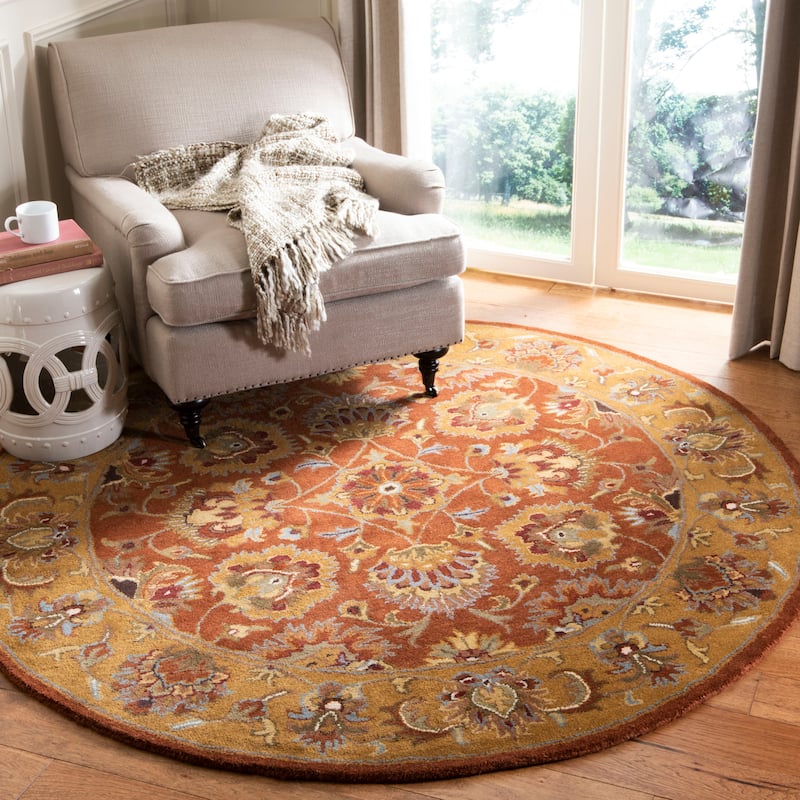 SAFAVIEH Handmade Heritage Flower Field Traditional Oriental Wool Rug - 6' x 6' Round - Red/Natural - Runner/Round