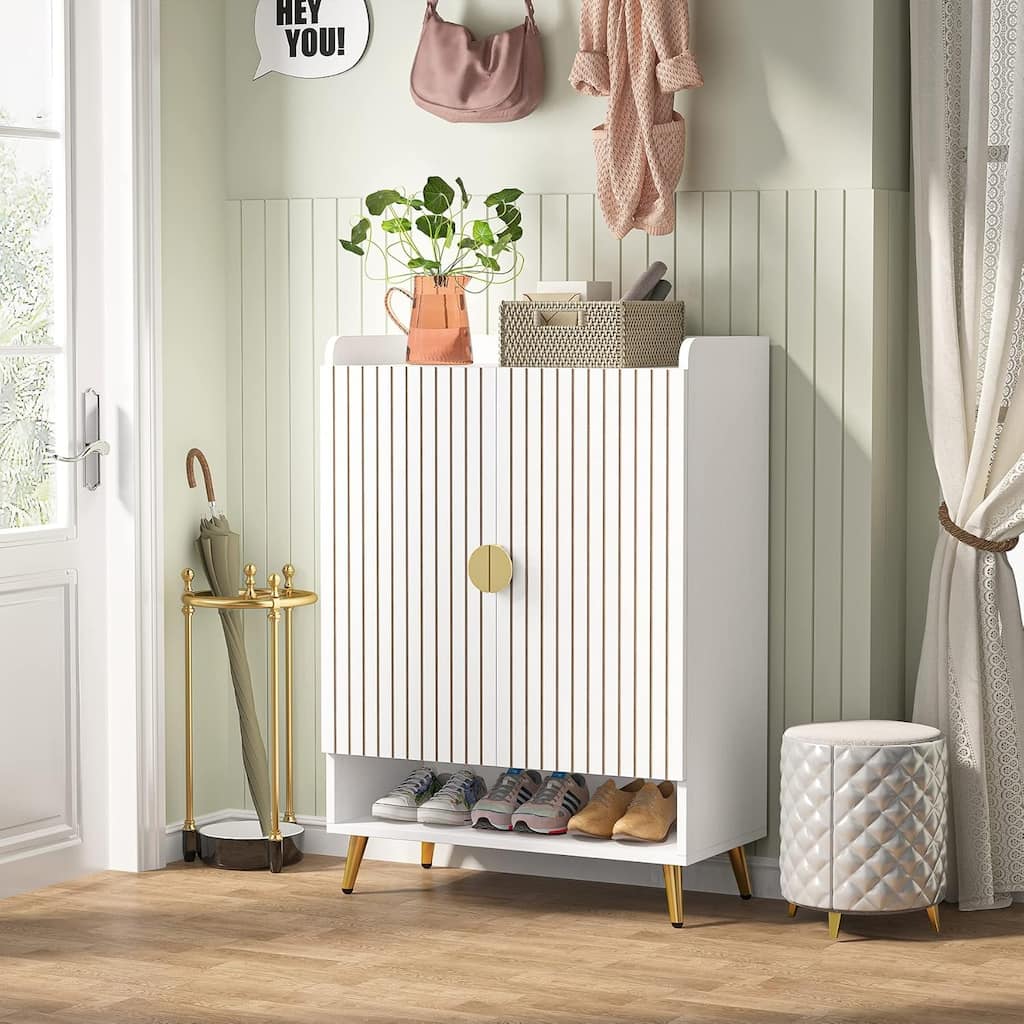 29" White & Gold Wooden Shoe Cabinet with Doors, 7-Tier