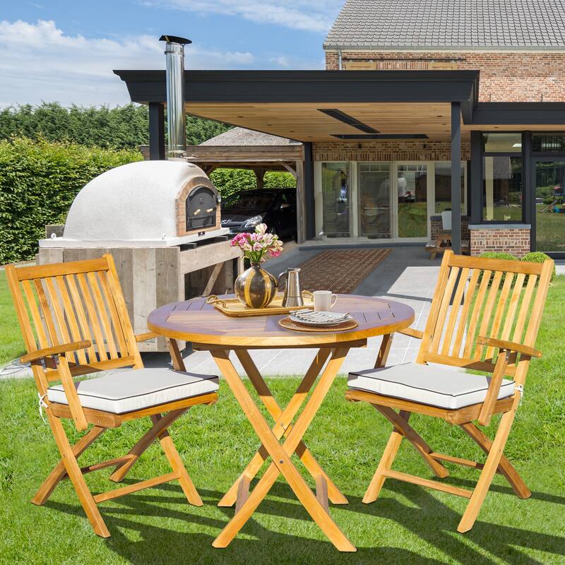 Seven Seas Teak 3 Piece Teak Wood Long Beach Patio Bistro Dining Set, 36" Round Folding Table with 2 Folding Arm Chairs