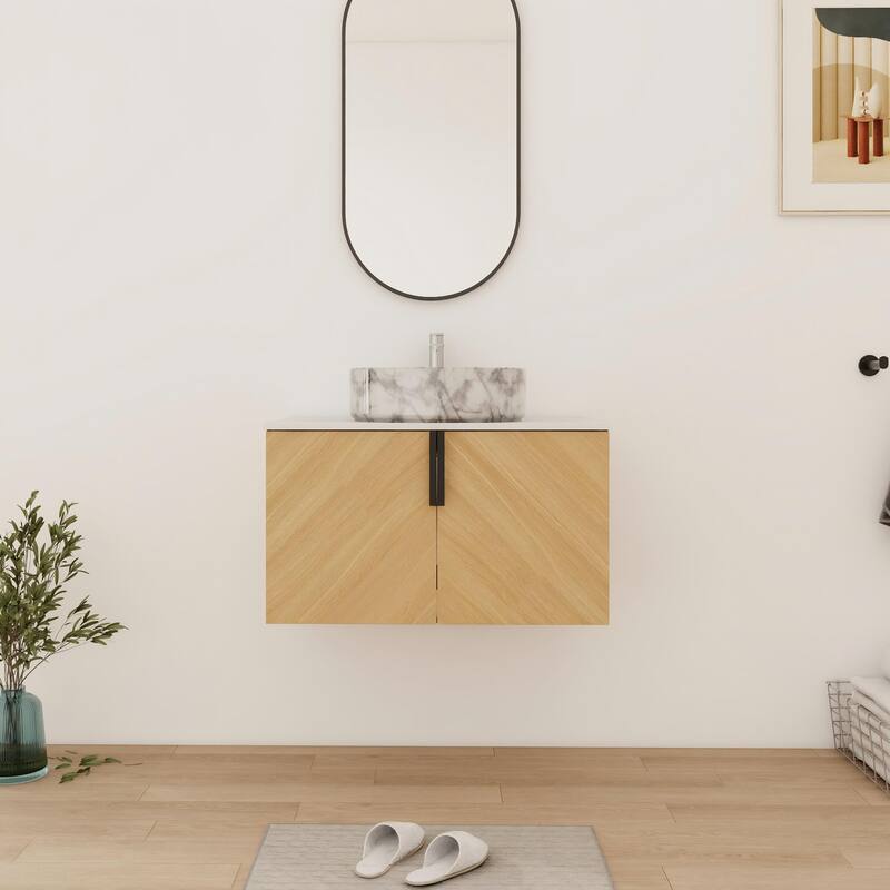 Bathroom Vanity With Sink In 30/36 Inch, Floating Bathroom Vanity With 2 Soft Close Doors - 29.5''W×18.88''D×21.8''H - Beige-White with grey patterns