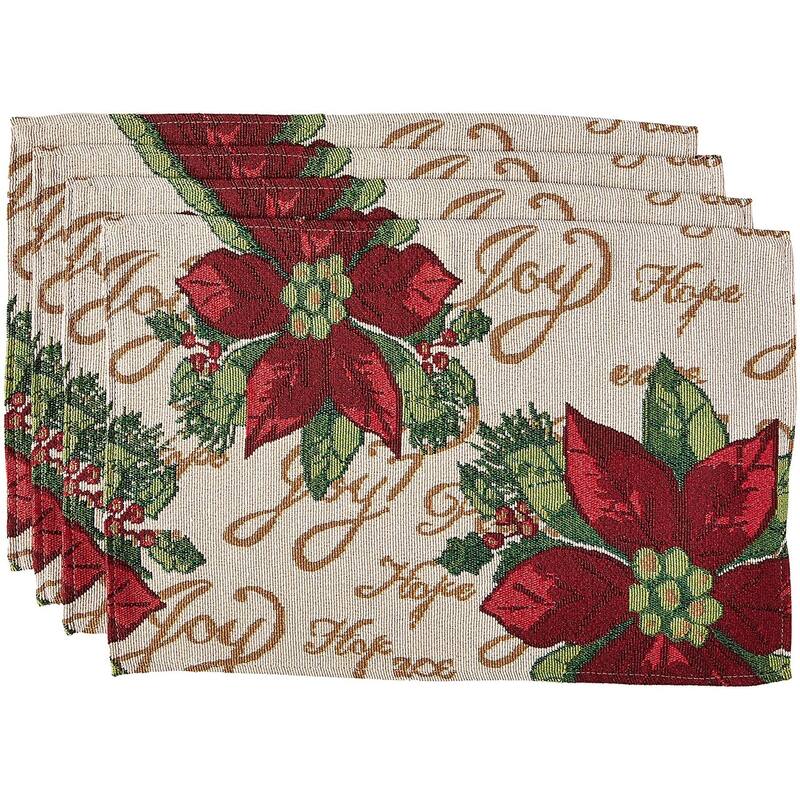 Violet Linen Seasonal Xmas Christmas Holiday Tapestry Pattern, 13" X 19" Rectangler, Set of 4, Decorative Place Mats - 13" x 19" - Poinsettias Script