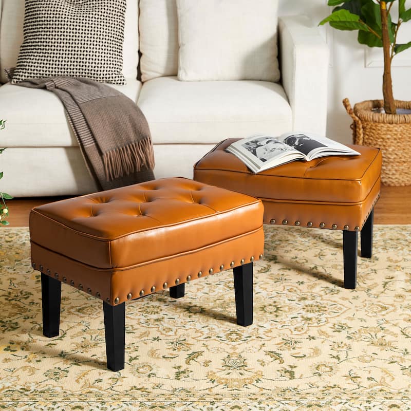 Glitzhome Set of 2 22"W Leatherette Button-tufted Foot Stools Ottomans